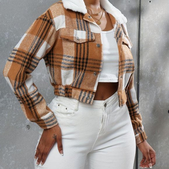 Boho Button Plaid Faux Fur Collar Jacket, Casual Long Sleeve Crop Jacket - Picture 6 of 10